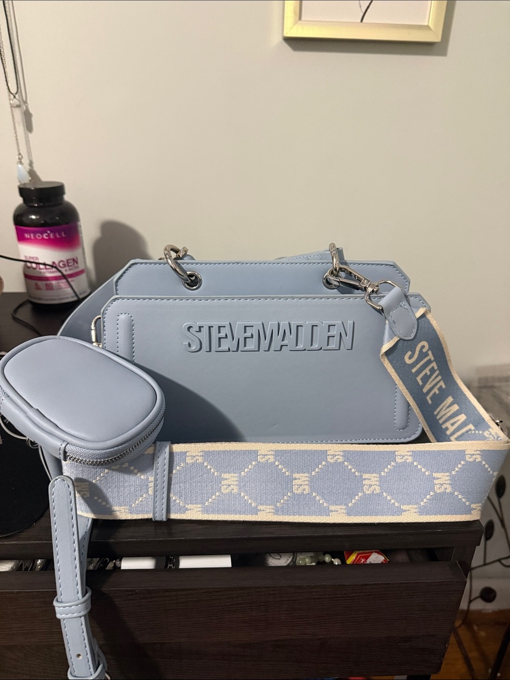 Steve Madden Baby Blue Logo Crossbody Bag with Woven Strap